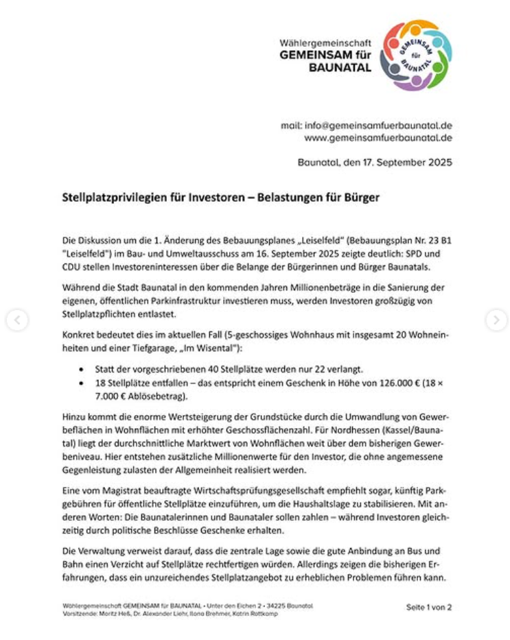 GEMEINSAM für BAUNATAL - Pressemitteilung GEMEINSAM für BAUNATAL - Pressemitteilung