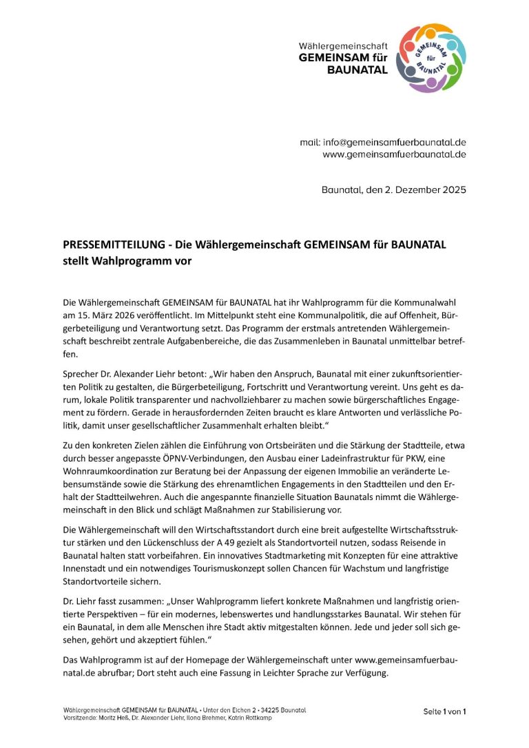 GEMEINSAM für BAUNATAL - Pressemitteilung GEMEINSAM für BAUNATAL - Pressemitteilung