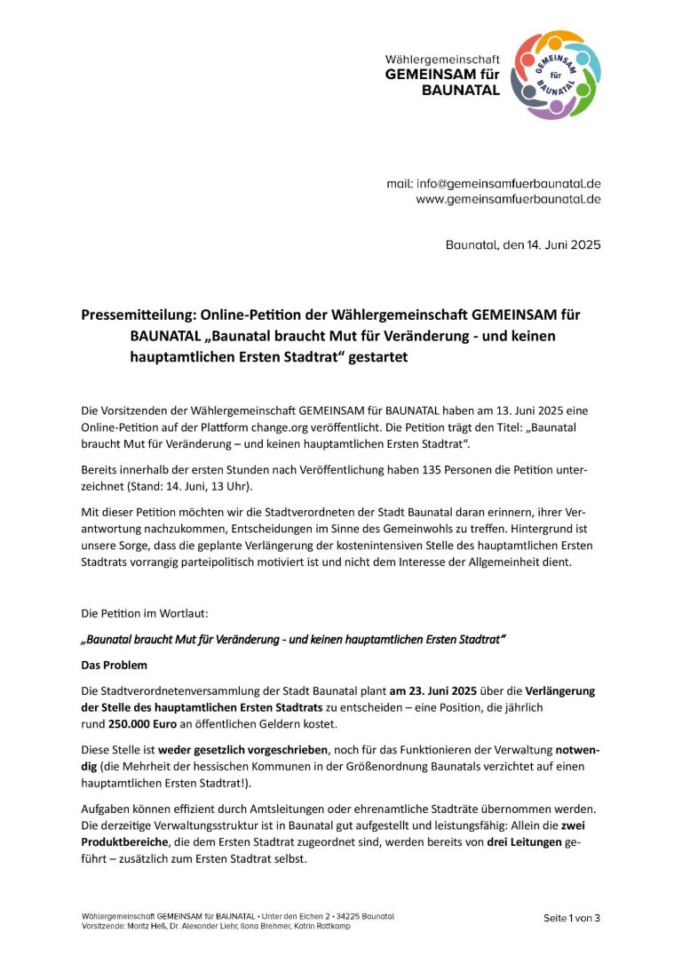 GEMEINSAM für BAUNATAL - Pressemitteilung GEMEINSAM für BAUNATAL - Pressemitteilung