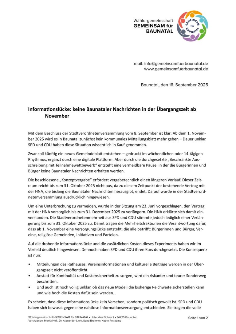 GEMEINSAM für BAUNATAL - Pressemitteilung GEMEINSAM für BAUNATAL - Pressemitteilung