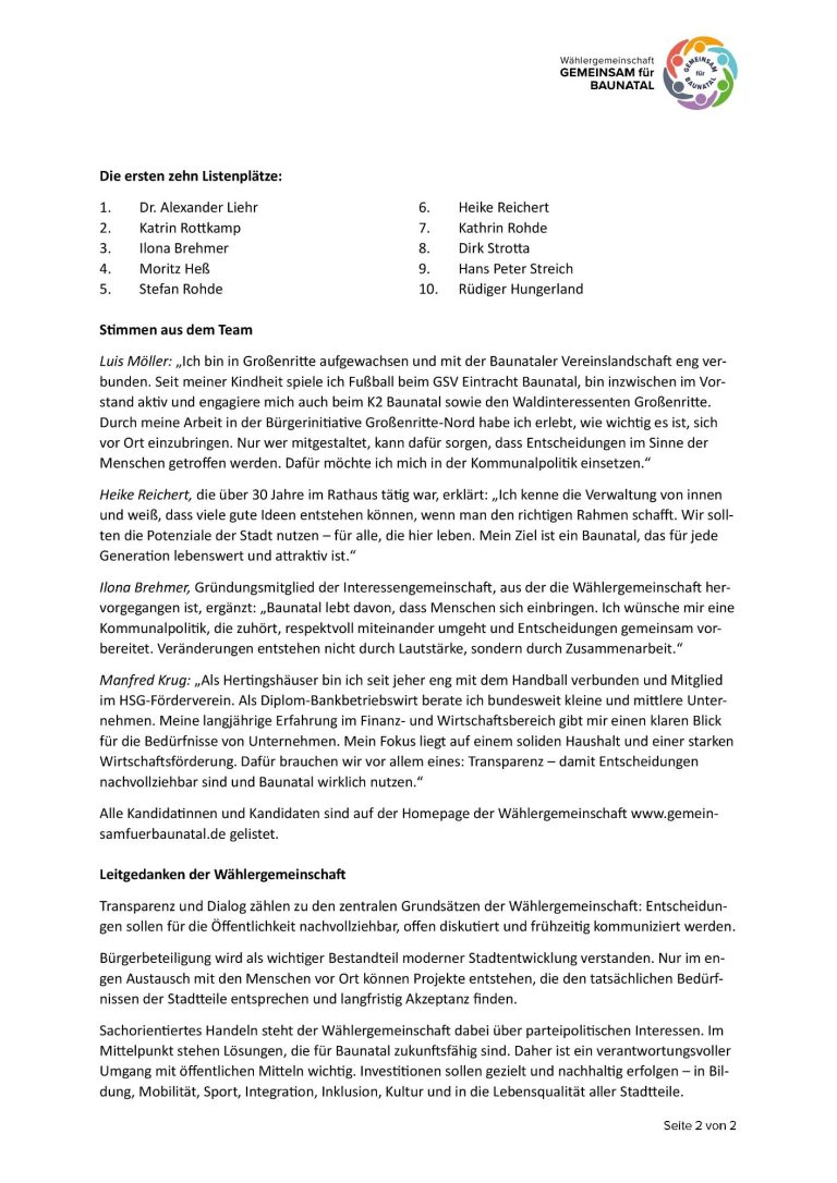 GEMEINSAM für BAUNATAL - Pressemitteilung GEMEINSAM für BAUNATAL - Pressemitteilung