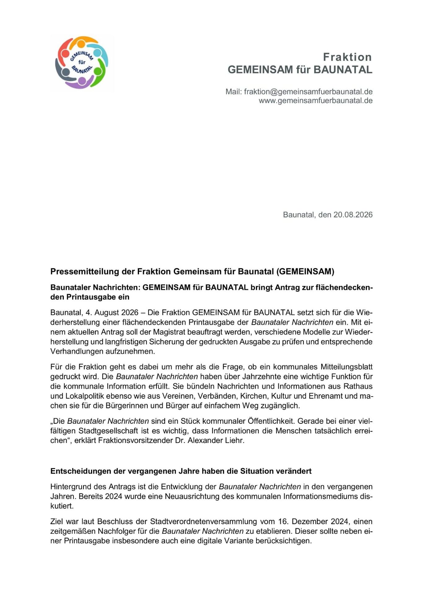 GEMEINSAM für BAUNATAL - Pressemitteilung Baunataler Nachrichten 1 GEMEINSAM für BAUNATAL - Pressemitteilung Baunataler Nachrichten 1