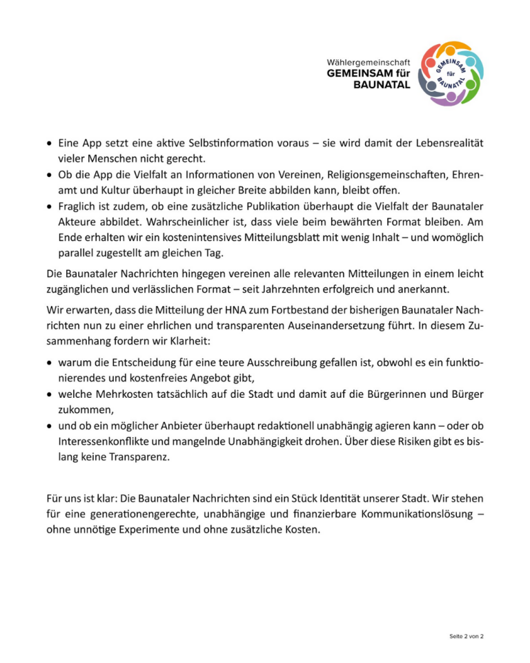 GEMEINSAM für BAUNATAL - Pressemitteilung GEMEINSAM für BAUNATAL - Pressemitteilung