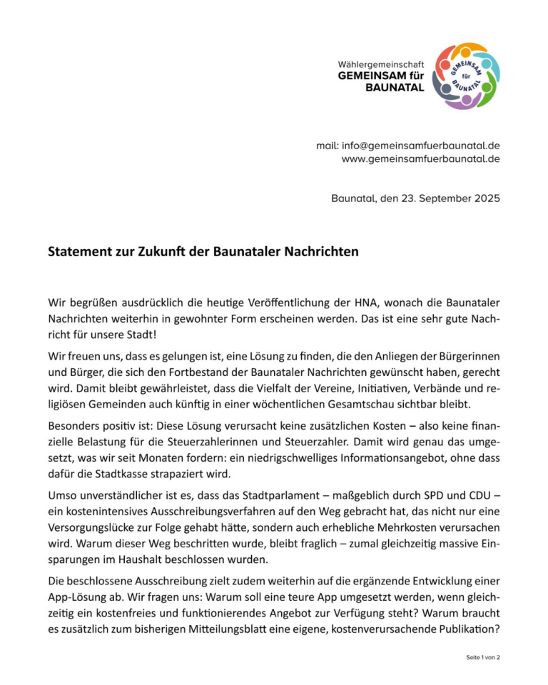 GEMEINSAM für BAUNATAL - Pressemitteilung GEMEINSAM für BAUNATAL - Pressemitteilung