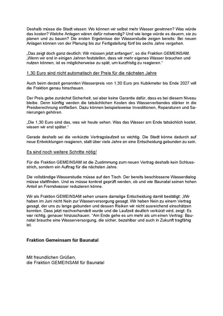 GEMEINSAM für BAUNATAL - Pressemitteilung Änderungsvertrag zum Wasserlieferungsvertrag 2 GEMEINSAM für BAUNATAL - Pressemitteilung Änderungsvertrag zum Wasserlieferungsvertrag 2