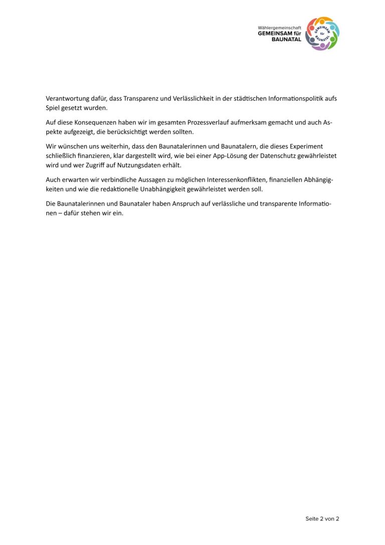 GEMEINSAM für BAUNATAL - Pressemitteilung GEMEINSAM für BAUNATAL - Pressemitteilung