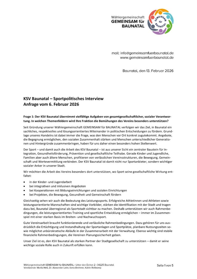 Antworten GEMEINSAM für BAUNATAL an KSV Baunatal 1 Antworten GEMEINSAM für BAUNATAL an KSV Baunatal 1