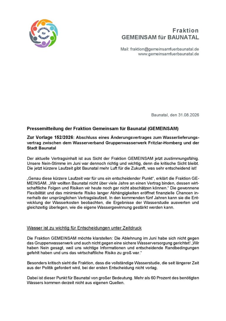 GEMEINSAM für BAUNATAL - Pressemitteilung Änderungsvertrag zum Wasserlieferungsvertrag 1 GEMEINSAM für BAUNATAL - Pressemitteilung Änderungsvertrag zum Wasserlieferungsvertrag 1