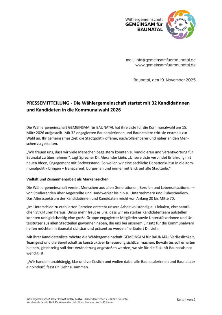GEMEINSAM für BAUNATAL - Pressemitteilung GEMEINSAM für BAUNATAL - Pressemitteilung