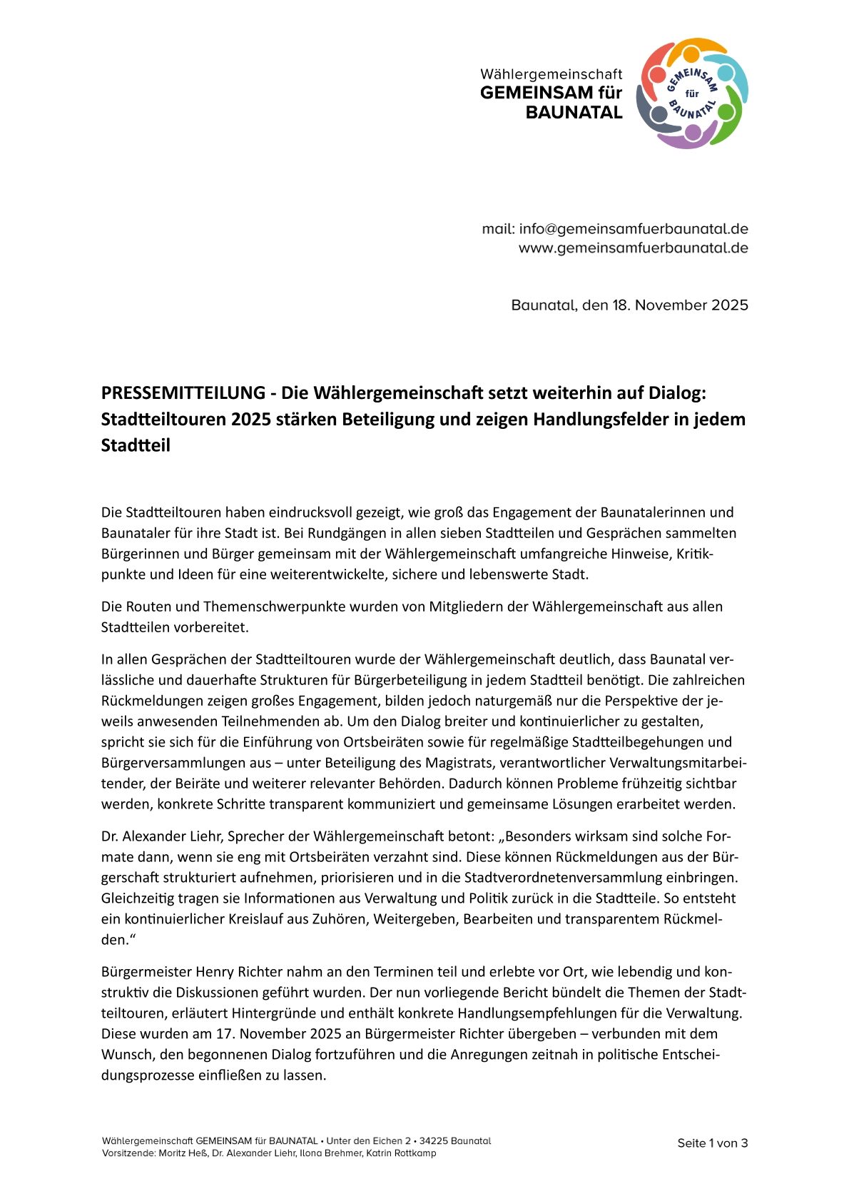 GEMEINSAM für BAUNATAL - Pressemitteilung GEMEINSAM für BAUNATAL - Pressemitteilung