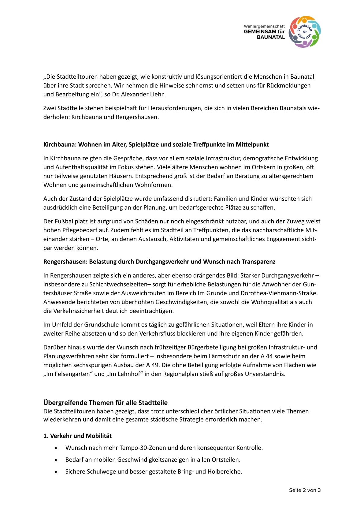 GEMEINSAM für BAUNATAL - Pressemitteilung GEMEINSAM für BAUNATAL - Pressemitteilung