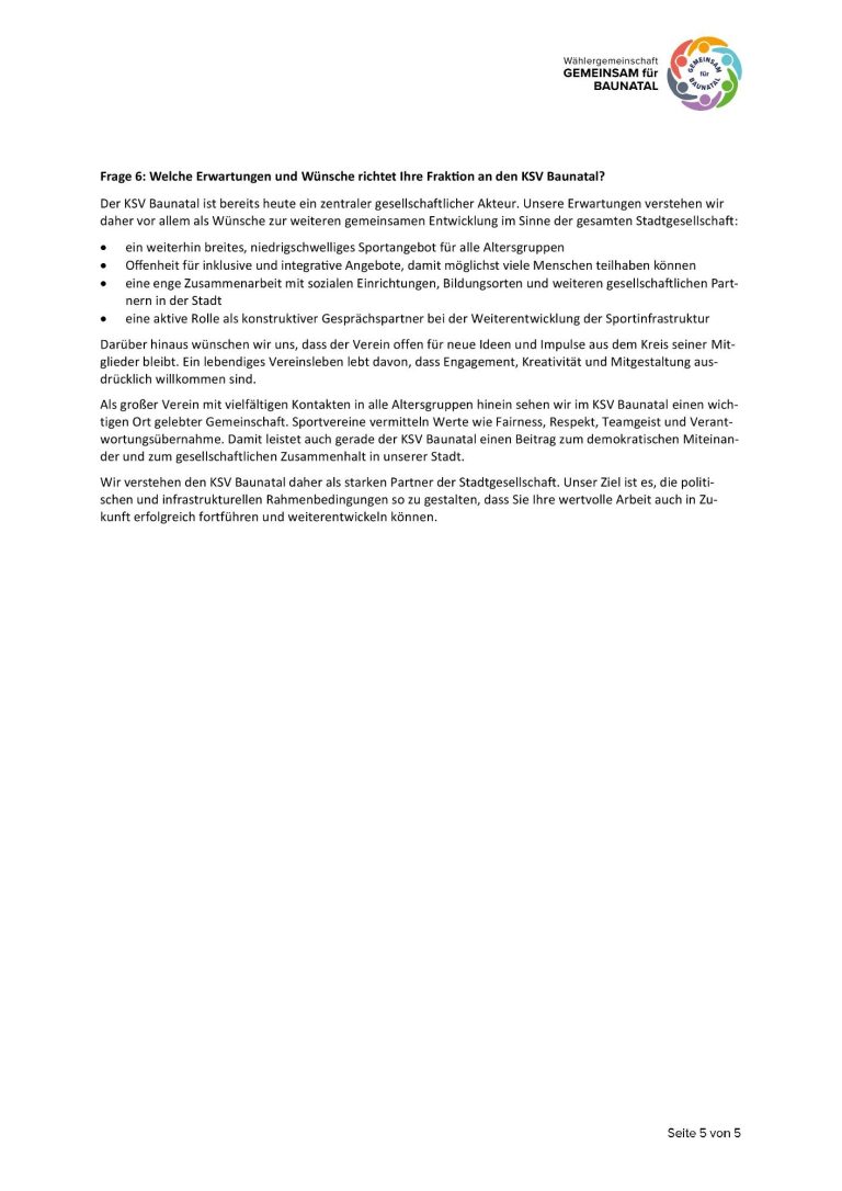 Antworten GEMEINSAM für BAUNATAL an KSV Baunatal 5 Antworten GEMEINSAM für BAUNATAL an KSV Baunatal 5