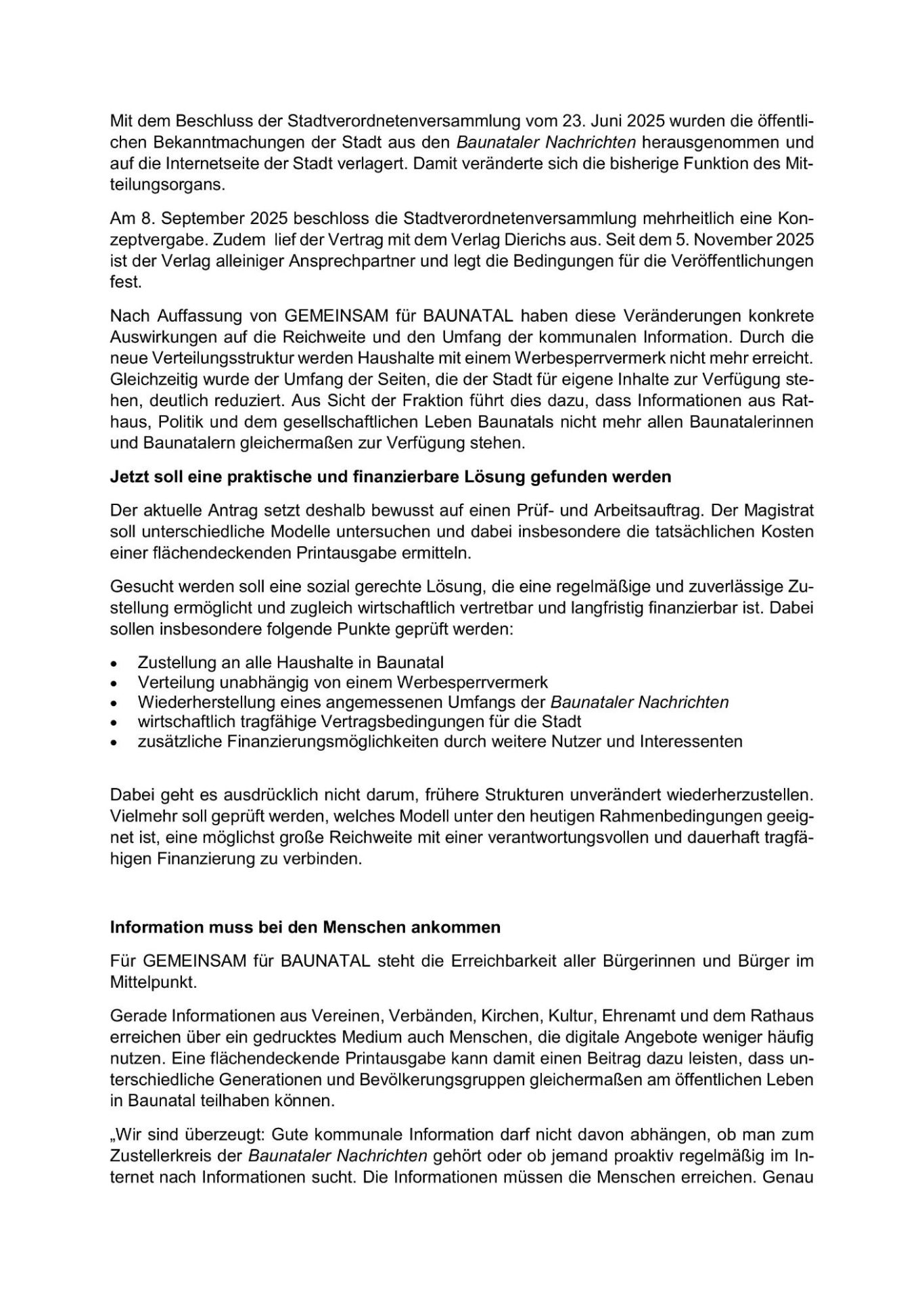 GEMEINSAM für BAUNATAL - Pressemitteilung Baunataler Nachrichten 2 GEMEINSAM für BAUNATAL - Pressemitteilung Baunataler Nachrichten 2